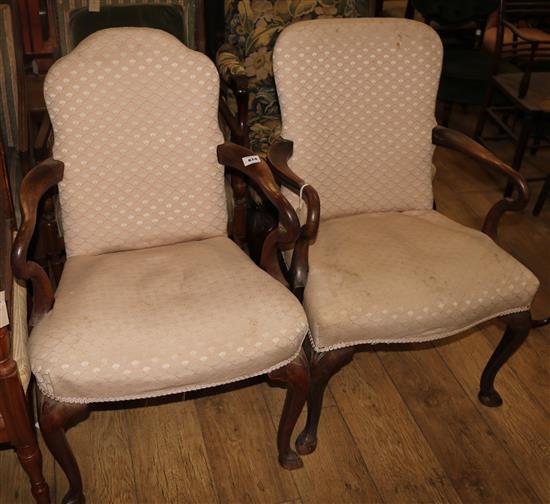A near pair of George I style walnut elbow chairs, W.2ft H.3ft